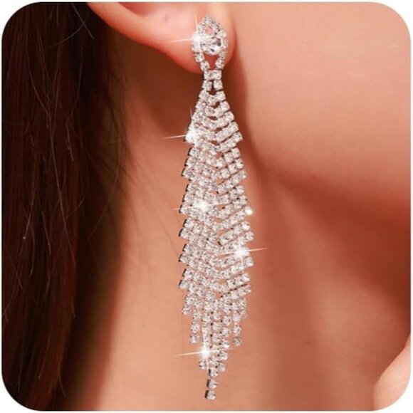 Bling Rhinestone Dangle Prom Women Long Tassel Crystal Chandelier Earrings - Picture 1 of 8